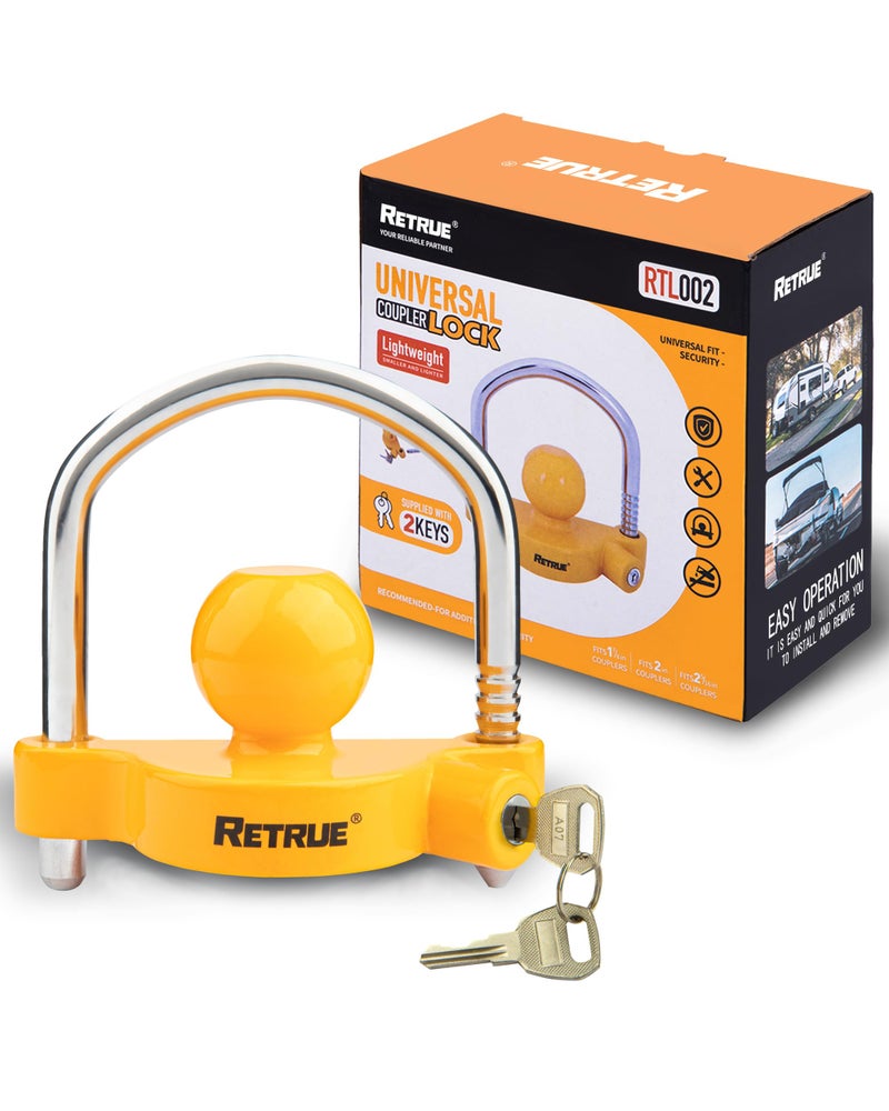 RETRUE Universal Coupler Lock Trailer Locks Ball Hitch Trailer Hitch Lock Adjustable Security HeavyDuty Steel Fits 178 Inch 2 Inch 2516 Inch Couplers Yellow