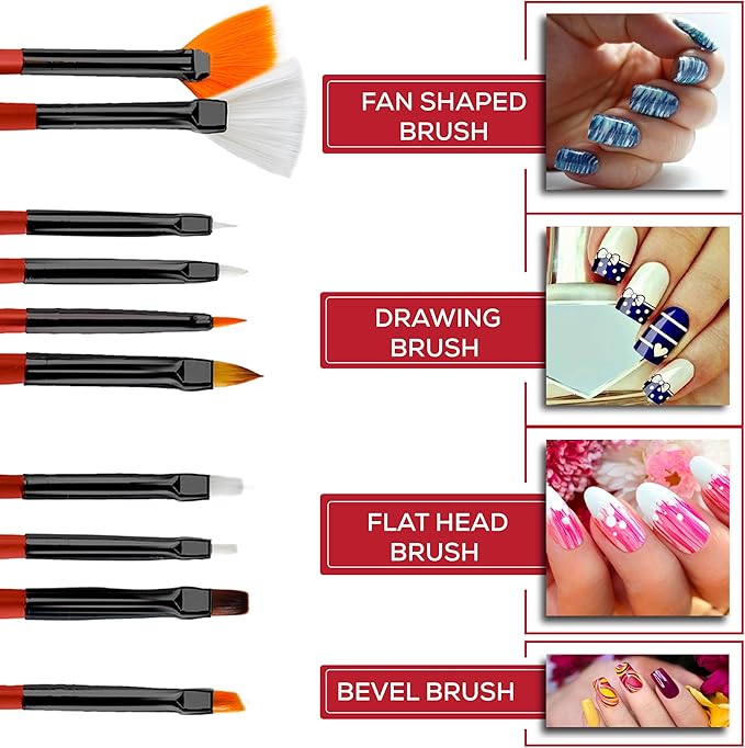 Glow 20 Piece Nail Art Brushes and Dotting Tools Kit Premium Quality Perfect For Beginners Professionals Practical Affordable Kit With Wooden Handle Red Colour