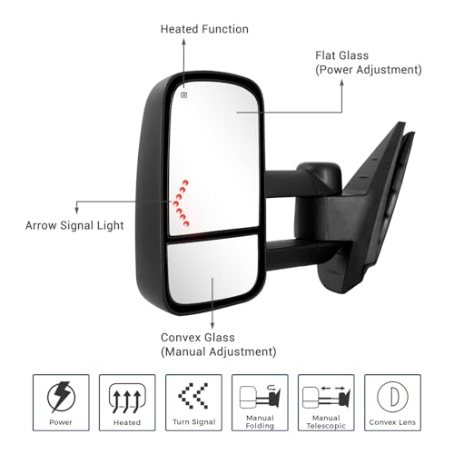 Sanooer Towing Mirror for Silverado Sierra - Compatible with 2007-2014 Chevy Silverado GMC Sierra 1500 2500HD 3500HD with Power Glass LED Arrow Turn Signal Light Heated Extendable Side Mirror Pair Set - Image 2