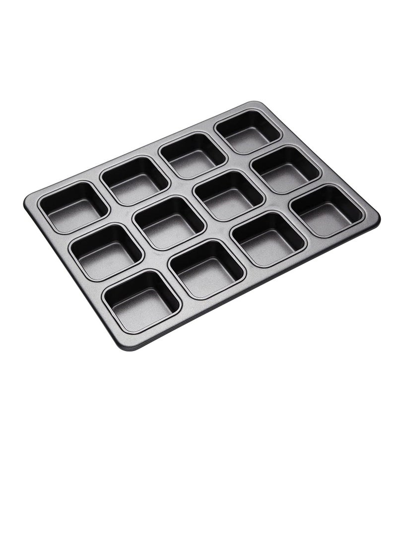 شو وو 12 Hole Mini Loaf Tin PFOA Free Non-Stick Carbon Steel Baking Pan with Brownie Dividers to Make Cakes 34 cm x 26 Toughened Bakeware Cup Bun Tray Black - Image 1