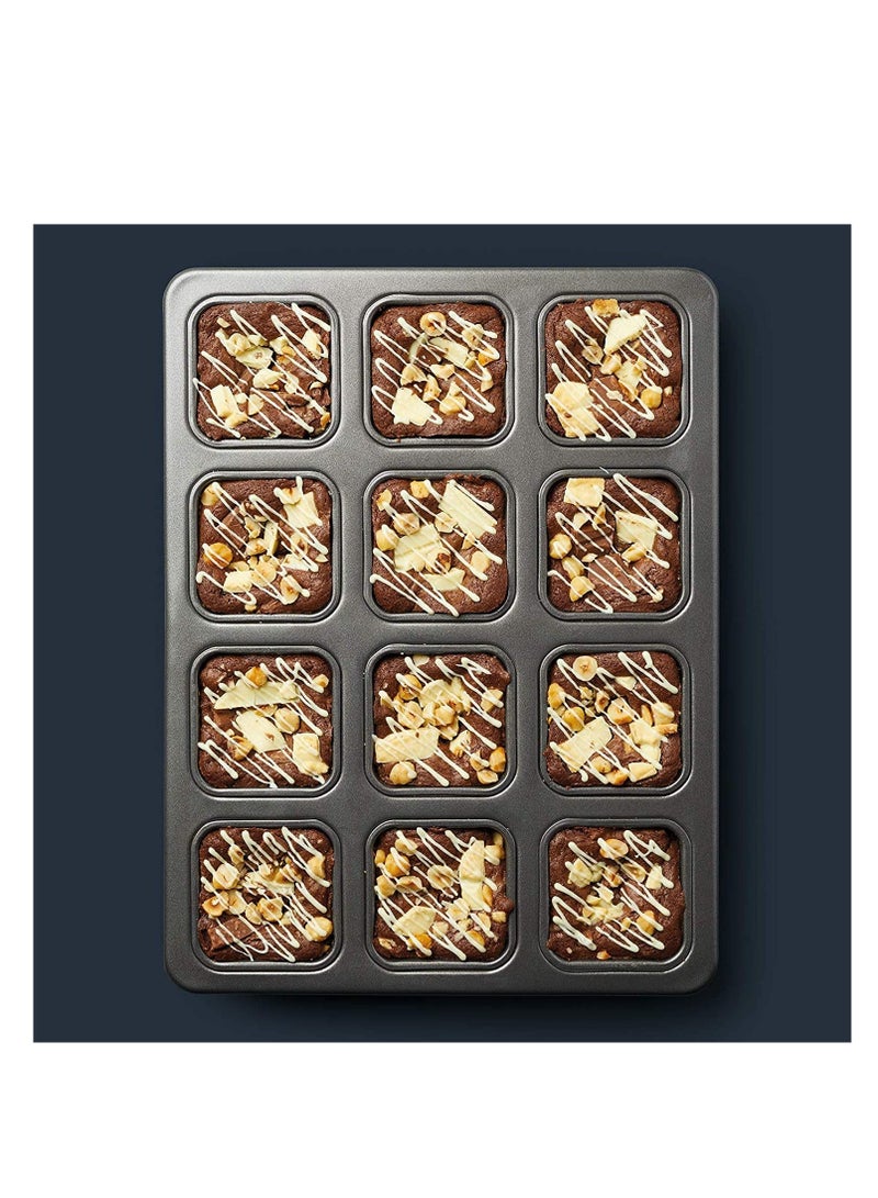 شو وو 12 Hole Mini Loaf Tin PFOA Free Non-Stick Carbon Steel Baking Pan with Brownie Dividers to Make Cakes 34 cm x 26 Toughened Bakeware Cup Bun Tray Black - Image 3