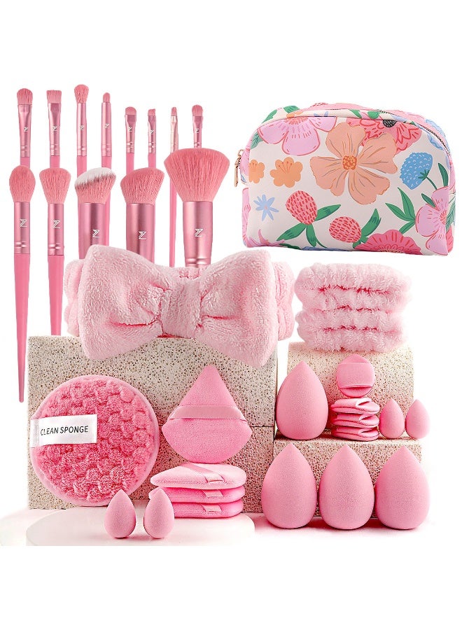 مجموعة فرش مكياج مكونة من 34 قطعة، مجموعة أدوات مكياج، كريم أساس صناعي فاخر، بودرة إخفاء العيوب، ظلال العيون، أحمر الخدود، فرش مكياج، منفاخ بودرة، لون وردي، مجموعة من 34 قطعة - Image 1