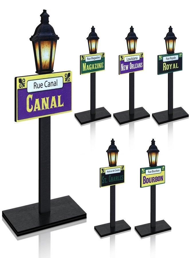 Amyhill 6Pcs Mardi Gras Decorations New Orleans Street Signs Lamp Post Centerpiece Wooden Desktop Lamp Post Street Party Supplies Mardi Gras Table Decor Friend Birthday Party(8 Inch,Classic) - Image 1