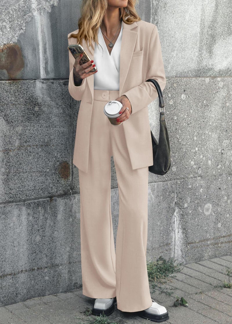 KIRUNDO Women Suits 2 Piece Set Business Casual Dressy Oversized Blazer Jacket and Wide Leg Dress Pantsuits Formal Outfits(Beige, Small) - Image 2