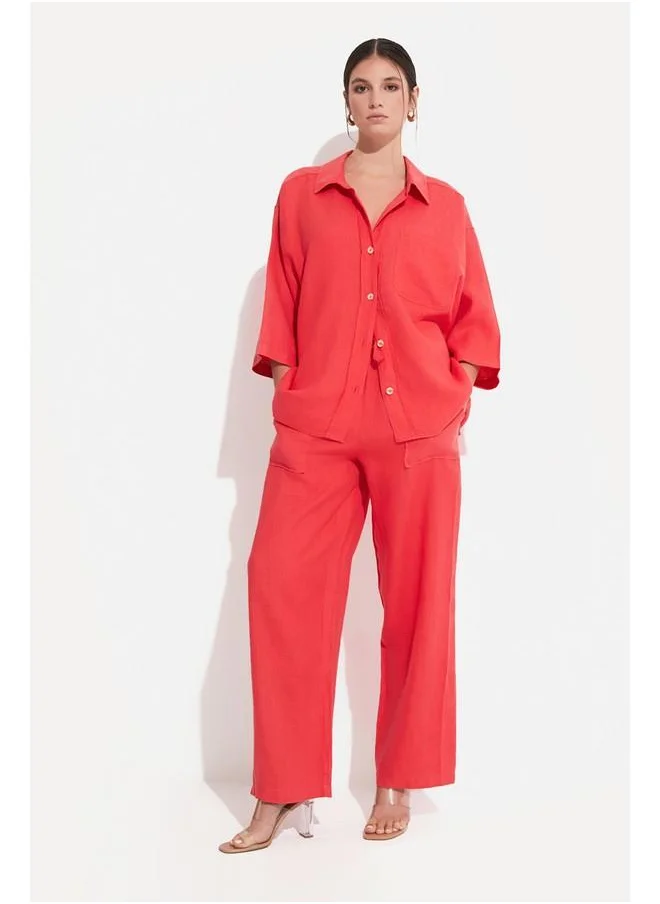 جون June Women Exclusive 100% Linen Elastic Waist Trousers Vermilion