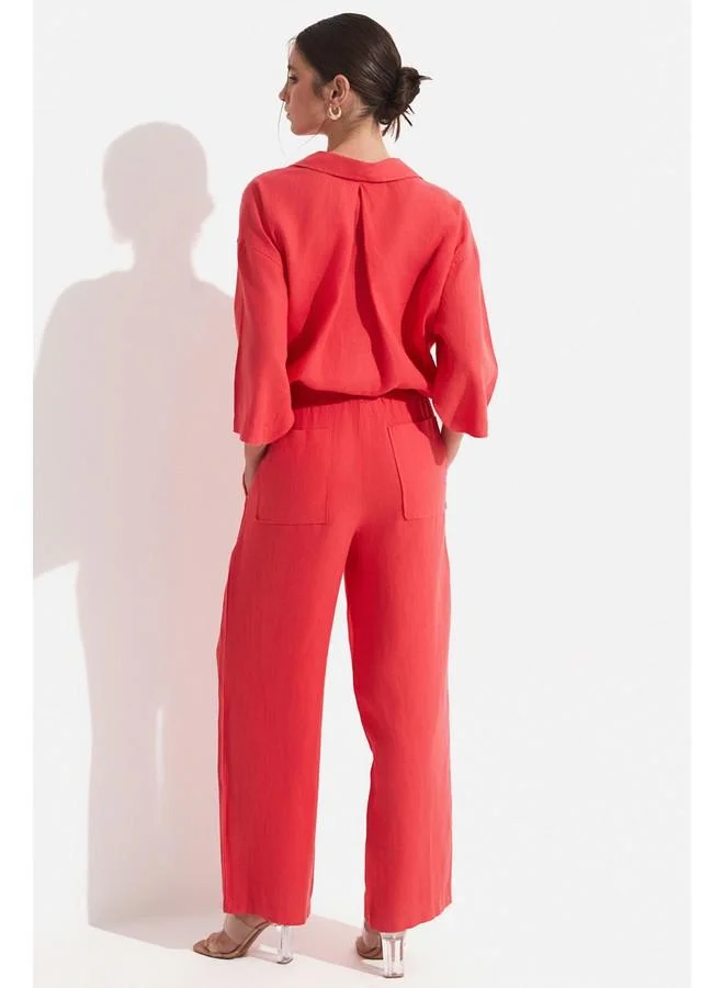 JUNE June Women Exclusive 100% Linen Elastic Waist Trousers Vermilion
