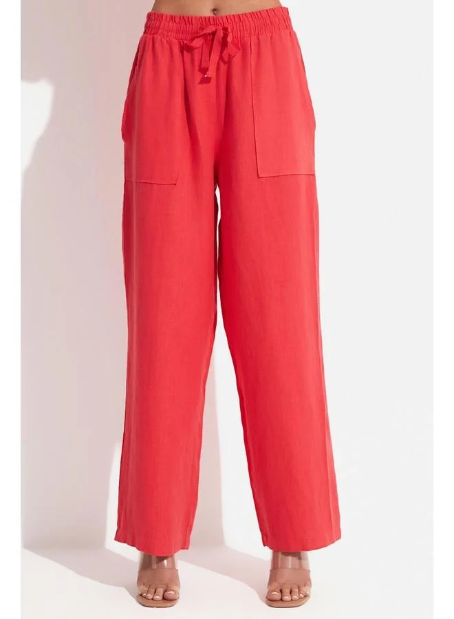 JUNE June Women Exclusive 100% Linen Elastic Waist Trousers Vermilion