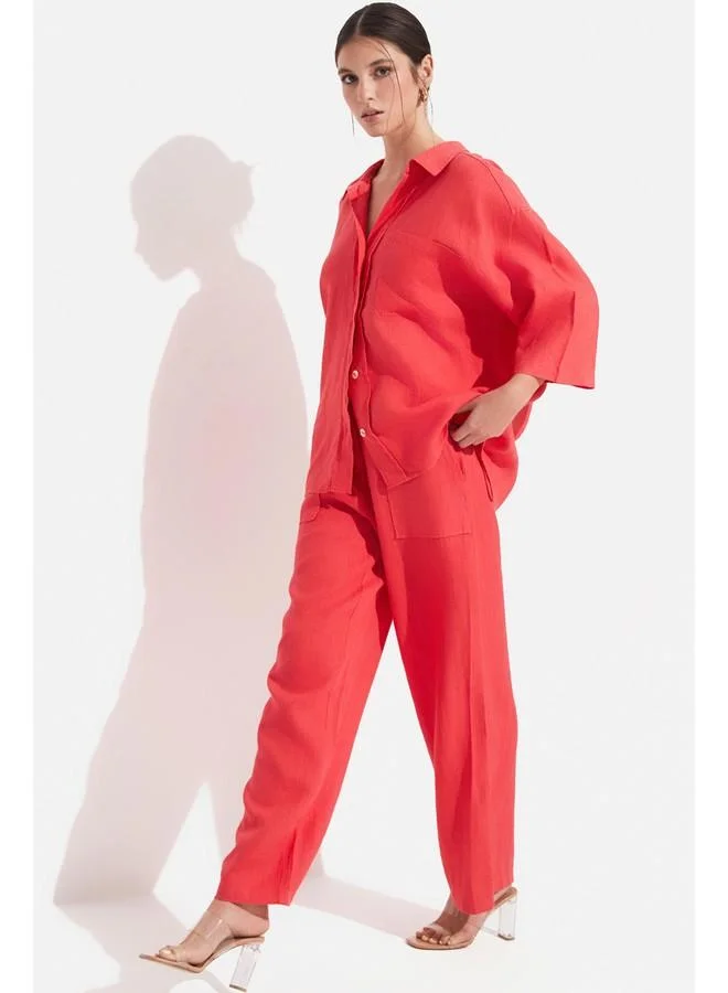 JUNE June Women Exclusive 100% Linen Elastic Waist Trousers Vermilion