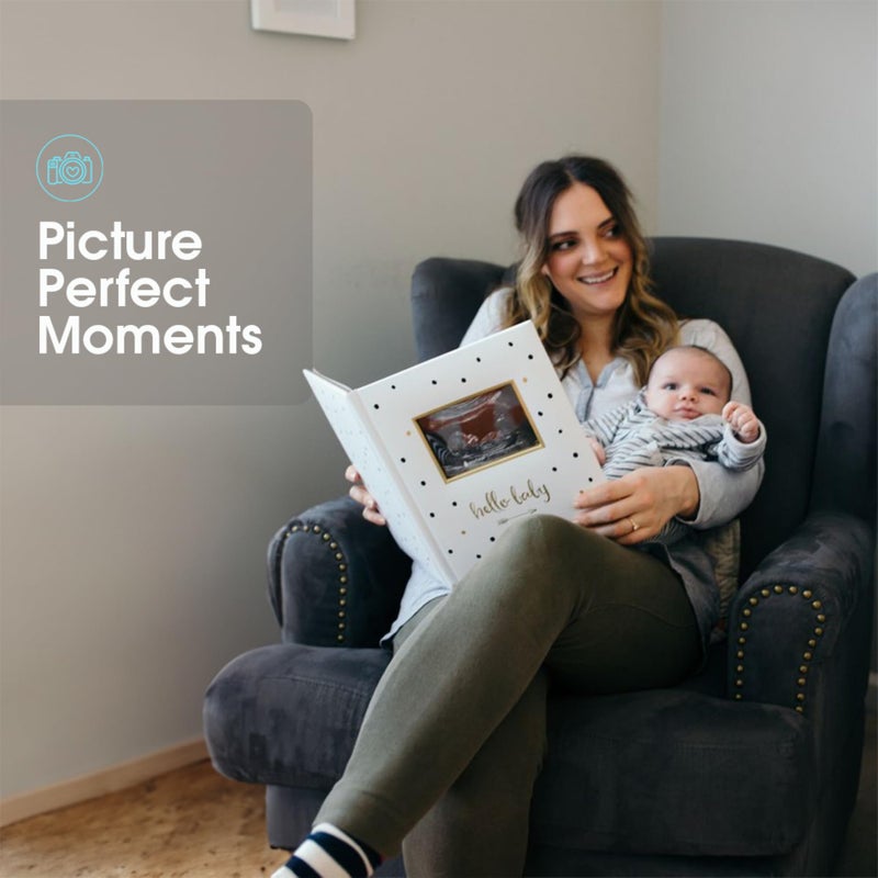 Pearhead Hello Baby First 5 Years Memory Book, Gender-Neutral Baby Keepsake for New and Expectant Parents, Pregnancy And Milestone Journal, Modern Minimalist Black and Gold Polka Dot - Image 4