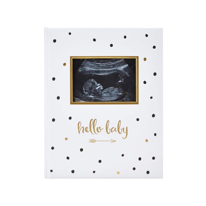 Pearhead Hello Baby First 5 Years Memory Book, Gender-Neutral Baby Keepsake for New and Expectant Parents, Pregnancy And Milestone Journal, Modern Minimalist Black and Gold Polka Dot - Image 1