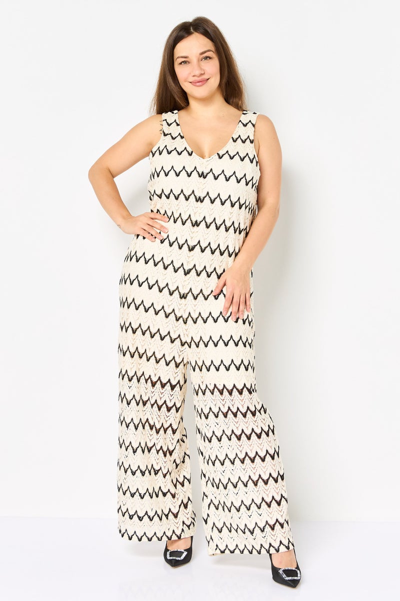 promod Women Textured Sleeveless Jumpsuits, Multicolor - Image 1