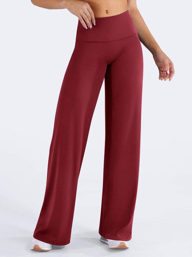 VOYJOY Fold Over Straight Leggings Womens Wide Leg Yoga Pants No Front Seam 31.5" Mid Low Waist Stretch Sweatpants Anchor Red M - Image 5
