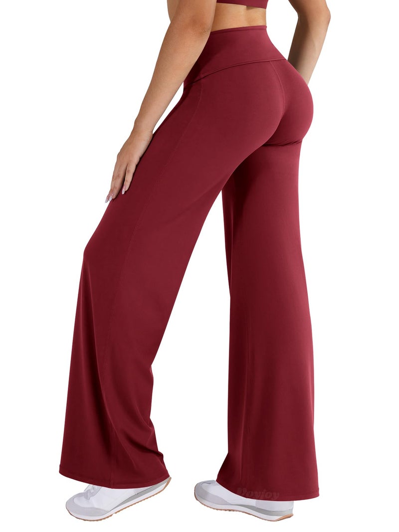 VOYJOY Fold Over Straight Leggings Womens Wide Leg Yoga Pants No Front Seam 31.5" Mid Low Waist Stretch Sweatpants Anchor Red M - Image 1