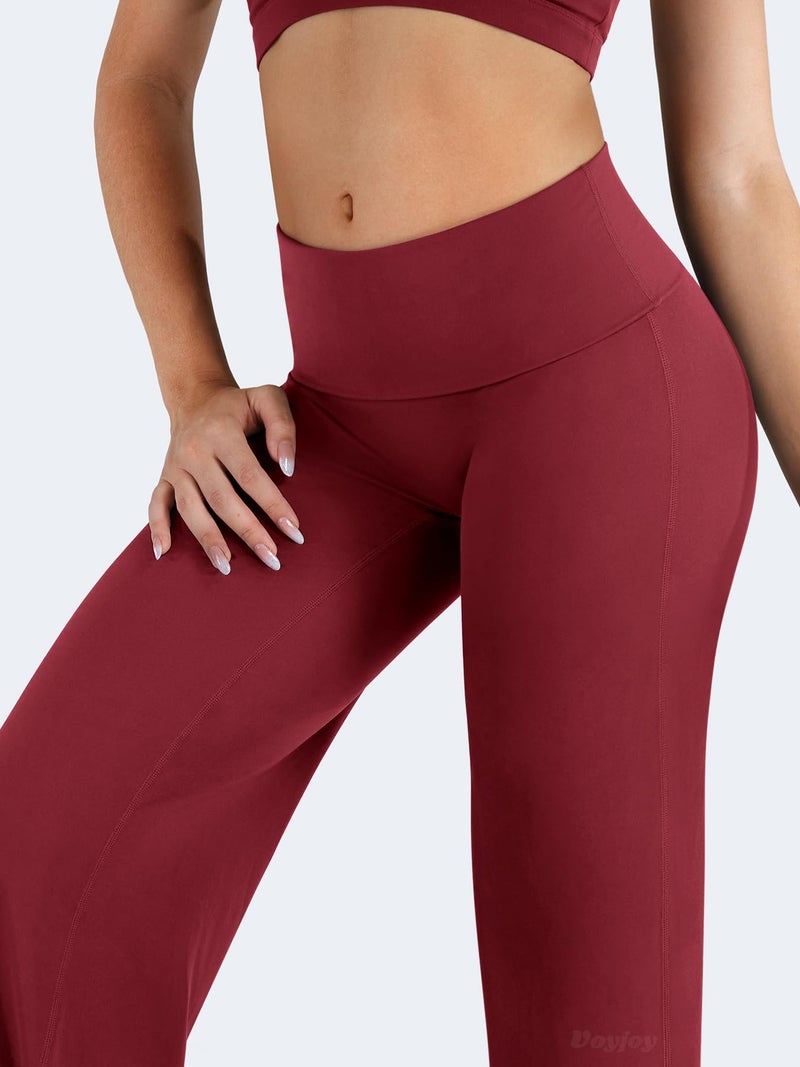 VOYJOY Fold Over Straight Leggings Womens Wide Leg Yoga Pants No Front Seam 31.5" Mid Low Waist Stretch Sweatpants Anchor Red M - Image 2