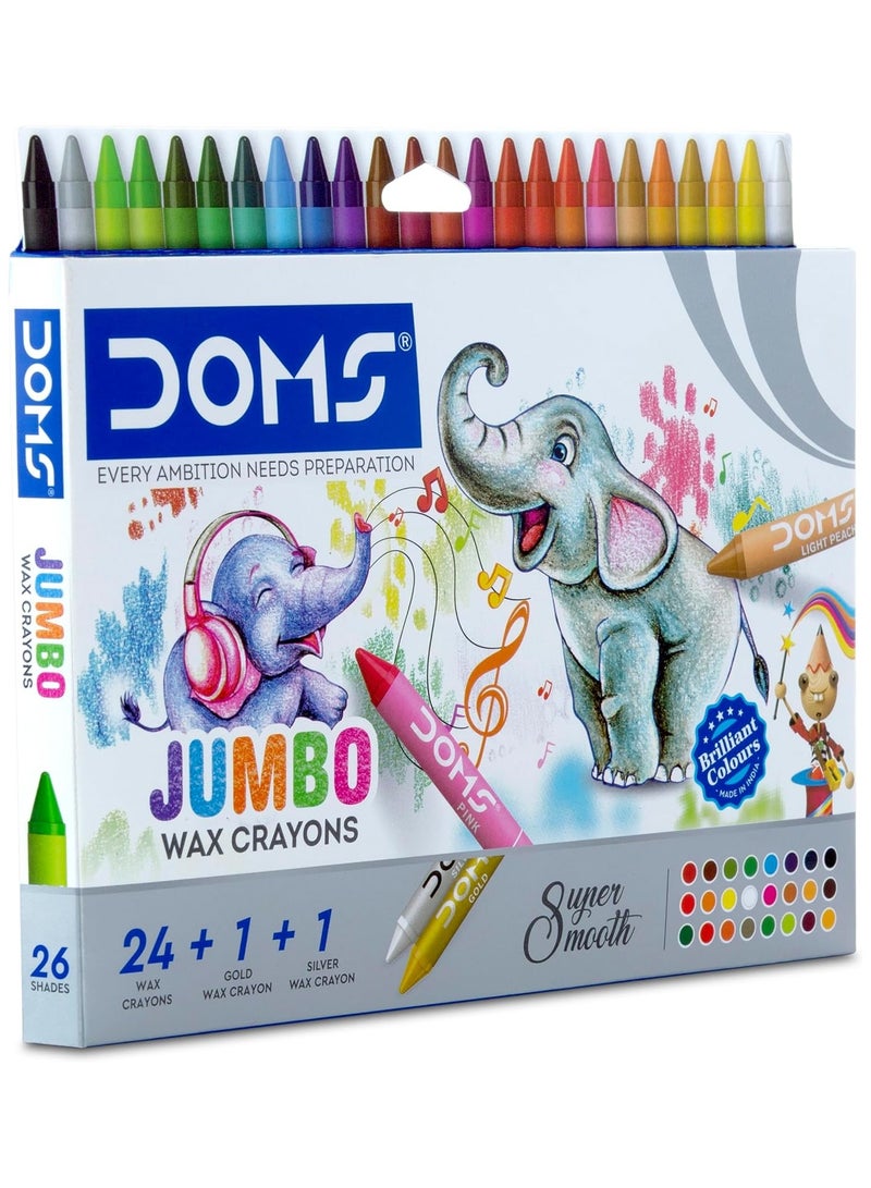 DOMS Jumbo Wax Crayons Set – 26 Pieces (24 Colors + 1 Gold + 1 Silver), Super Smooth, Non-Toxic, For Kids - Image 1