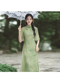 Generic Vintage Chinese Style Young Adult Dress 2024 New Fashion Day Wear Elegant Simple Design Womens Cheongsam Aodai Green Emerald 