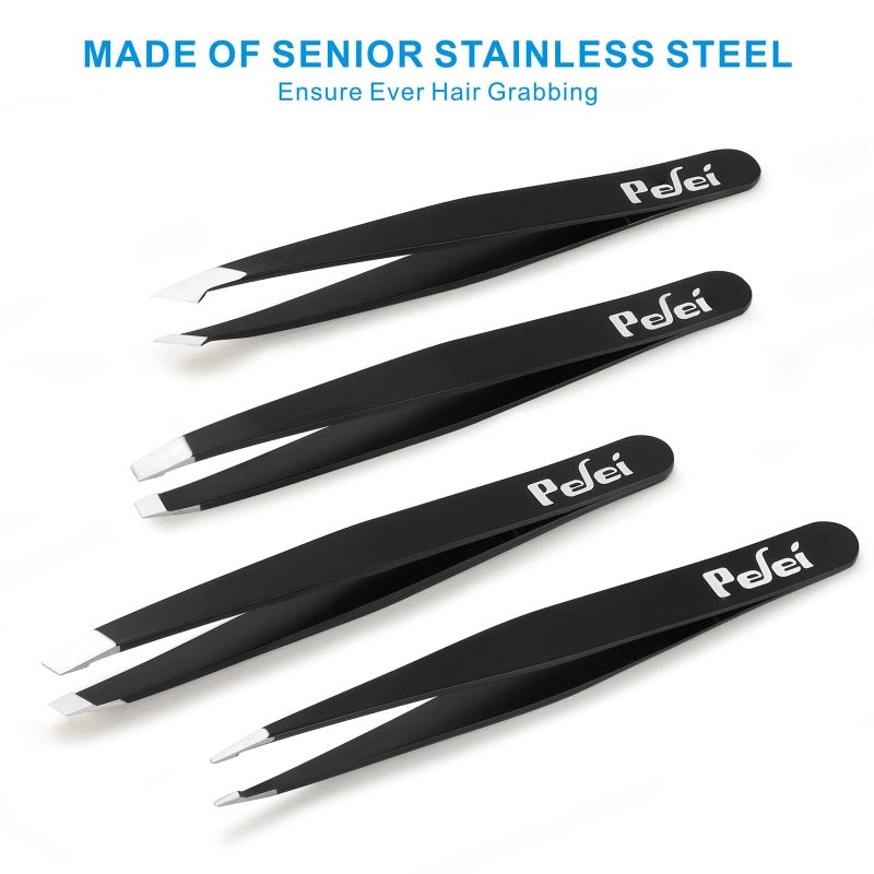 Pefei Tweezers Set - Professional Stainless Steel Tweezers for Eyebrows - Great Precision for Facial Hair, Splinter and Ingrown Hair Removal (Black) - Image 4