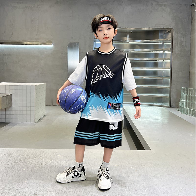 2024 Summer Children'S Short-Sleeved Ball Suit Youth Vitality Sports Boys' Fake Two-Piece T-Shirt Shorts Training Suit - Image 1