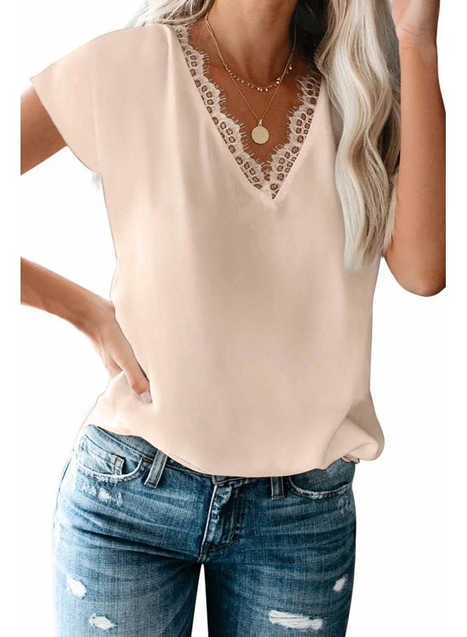 lime flare Dressy Lace Trim Blouse Tops Popular Short Sleeve Shirt, Beige, S - Image 1