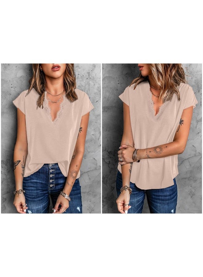 lime flare Dressy Lace Trim Blouse Tops Popular Short Sleeve Shirt, Beige, S - Image 3