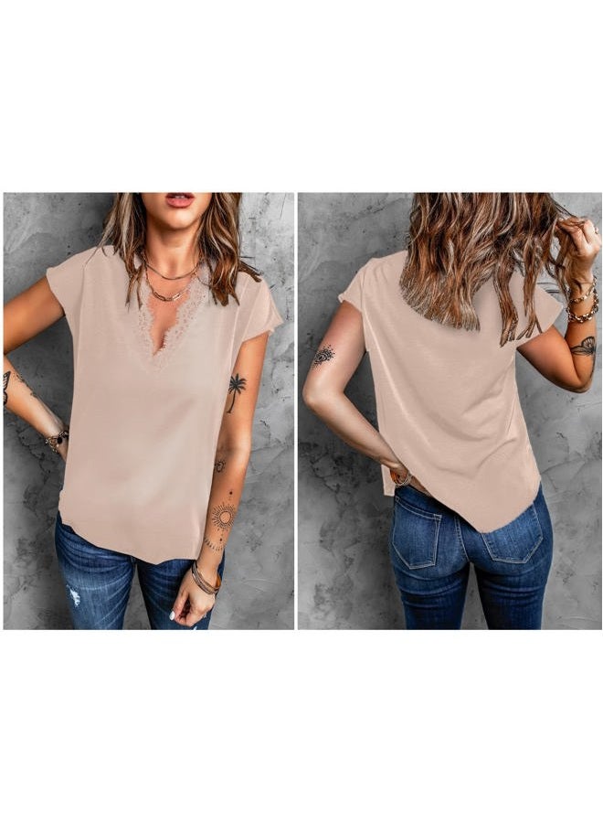 lime flare Dressy Lace Trim Blouse Tops Popular Short Sleeve Shirt, Beige, S - Image 4