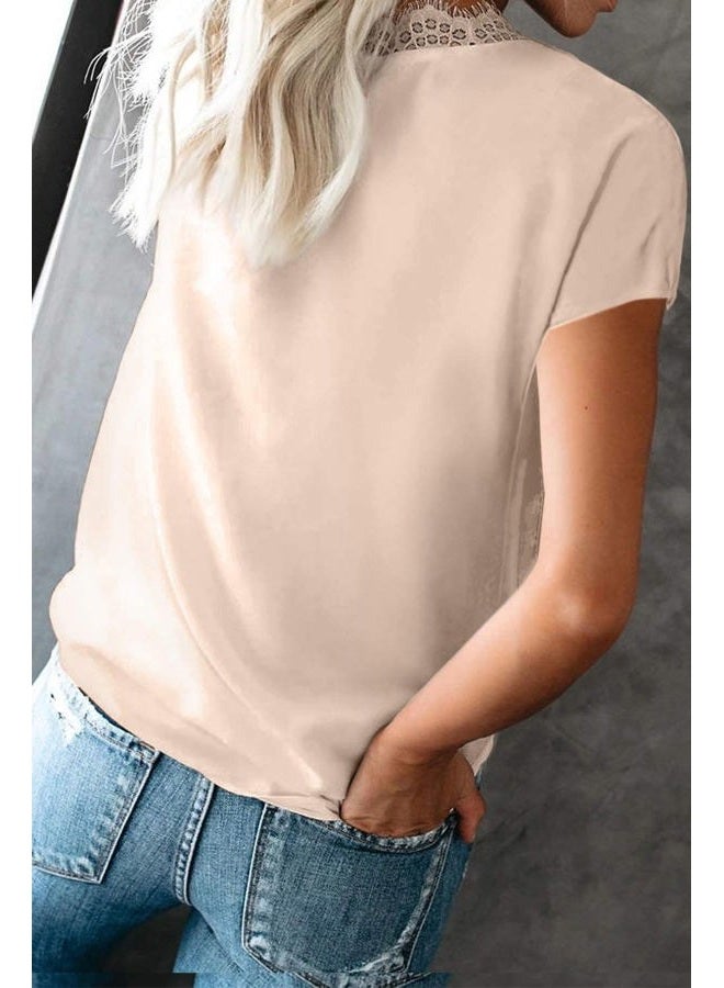 lime flare Dressy Lace Trim Blouse Tops Popular Short Sleeve Shirt, Beige, S - Image 2