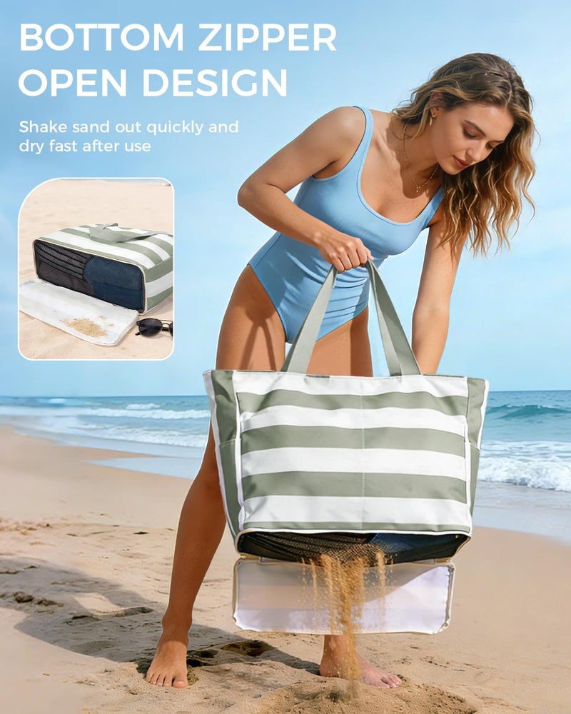 WANDF Beach Bags for Women, Large Waterproof Sandproof Beach Tote Bag with Zipper Family Pool Bags with 40oz Tumbler Pocket, Swim Cruise Vacation Essentials (Green) - Image 4