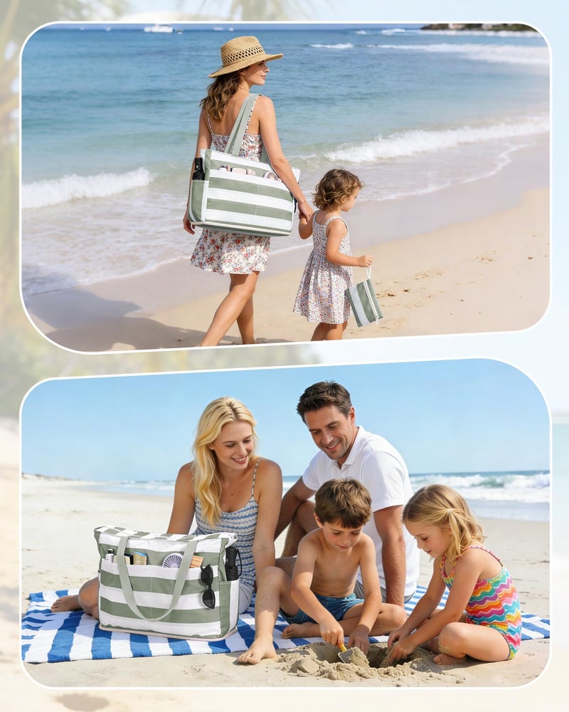 WANDF Beach Bags for Women, Large Waterproof Sandproof Beach Tote Bag with Zipper Family Pool Bags with 40oz Tumbler Pocket, Swim Cruise Vacation Essentials (Green) - Image 2