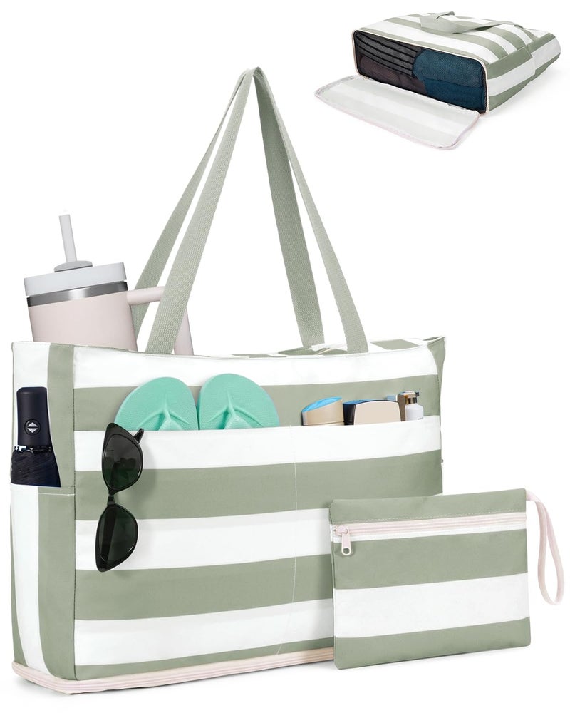 WANDF Beach Bags for Women, Large Waterproof Sandproof Beach Tote Bag with Zipper Family Pool Bags with 40oz Tumbler Pocket, Swim Cruise Vacation Essentials (Green) - Image 1