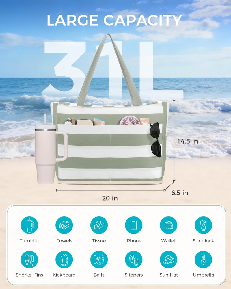 WANDF Beach Bags for Women, Large Waterproof Sandproof Beach Tote Bag with Zipper Family Pool Bags with 40oz Tumbler Pocket, Swim Cruise Vacation Essentials (Green) - Image 5