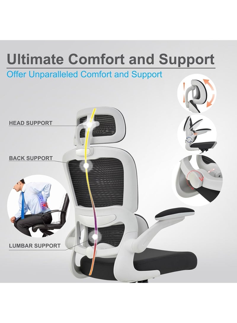 DROGO Premium Ergonomic Office Chair for Work from Home, High Back Computer Chair with Adjustable Seat, Lumbar Support & Headrest, Flip-up Armrest & Recline | Mesh Chair for Office/Home White/Black - Image 2