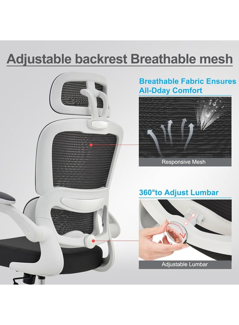 DROGO Premium Ergonomic Office Chair for Work from Home, High Back Computer Chair with Adjustable Seat, Lumbar Support & Headrest, Flip-up Armrest & Recline | Mesh Chair for Office/Home White/Black - Image 3