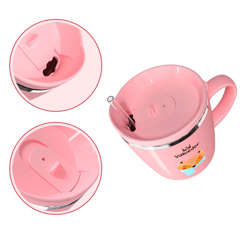 Valueder Baby Kids Toddler Sippy Cup Mug for Milk, Coffee, Stainless Steel Trainer Straw Cup with Lid, Fox, 7oz/Pink - Image 3