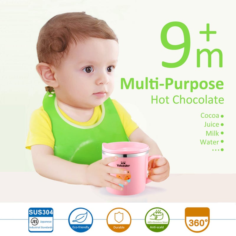 Valueder Baby Kids Toddler Sippy Cup Mug for Milk, Coffee, Stainless Steel Trainer Straw Cup with Lid, Fox, 7oz/Pink - Image 2