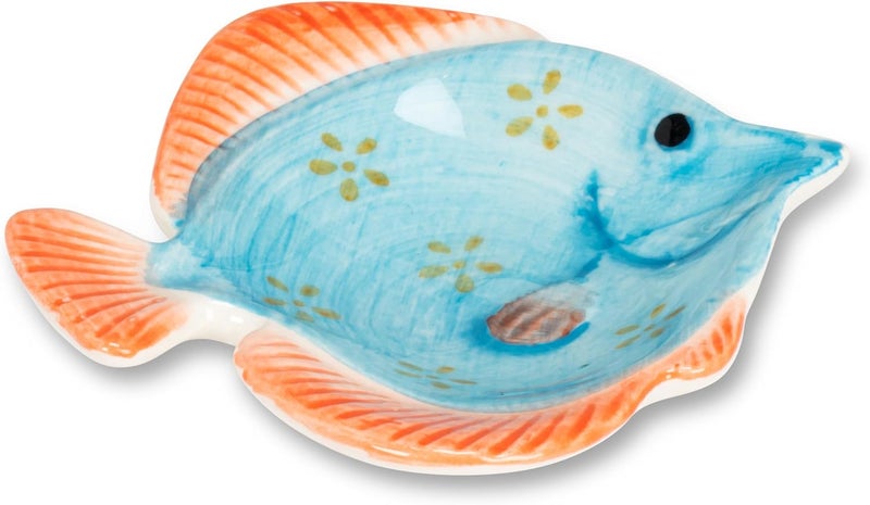 Abbott Collection Small Fish Dish - Stoneware, Turquoise/Orange (4" L) - Image 1