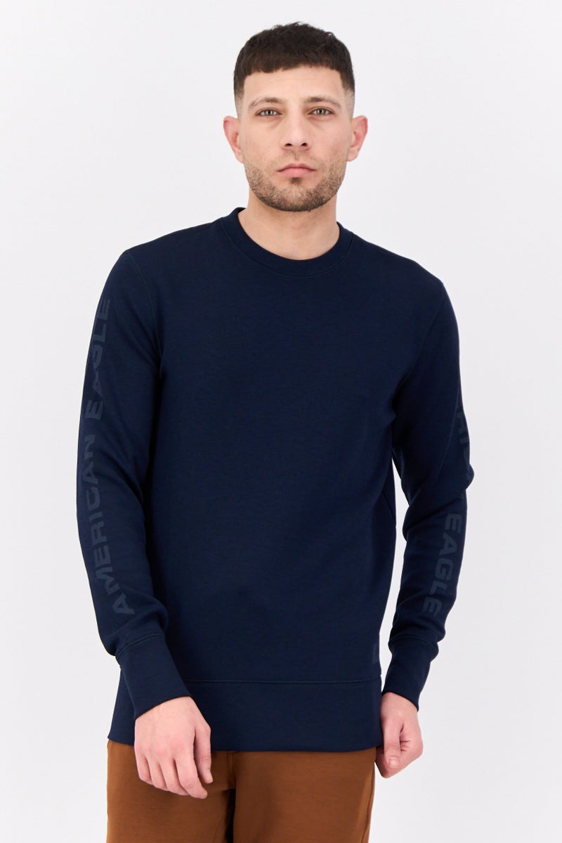 American Eagle Men Crew Neck Graphic Print Long Sleeves Sweatshirt, Navy  - Image 1