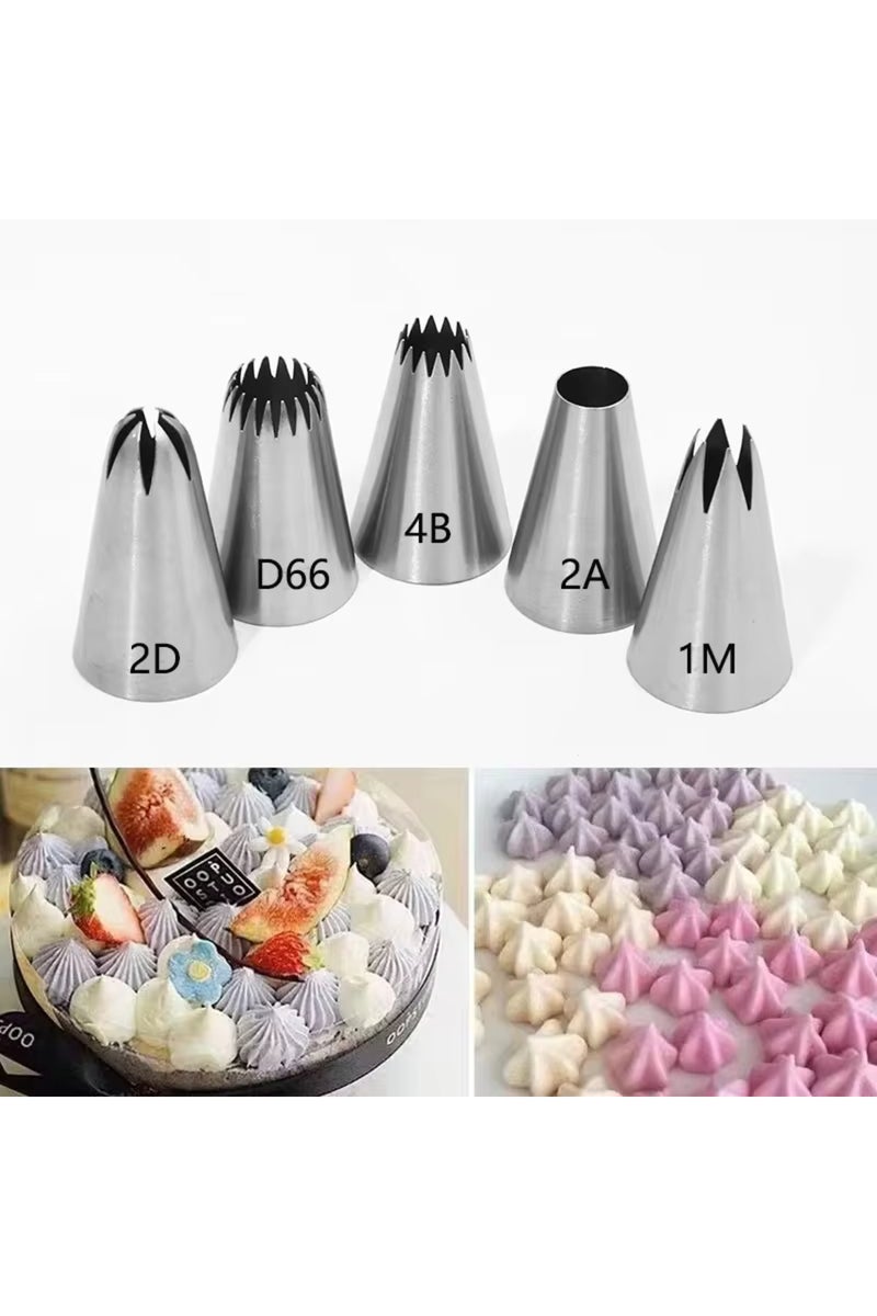 5 قطع - 1M-2D-2A-4B-D66، 5 قطع من فوهات تزيين الكيك والكريمة والكب كيك والحلويات والبسكويت