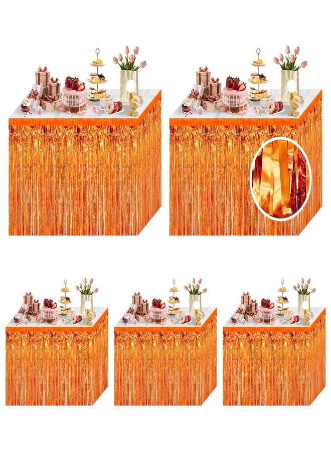 Ohiyoo 5 Pack Orange Table Skirt 29x108Inch Metallic Foil Fringe Tinsel Table Skirts for Rectangle Round Tables Tinsel Streamer for Birthday Party Decoration Parade Floats Décor - Image 1