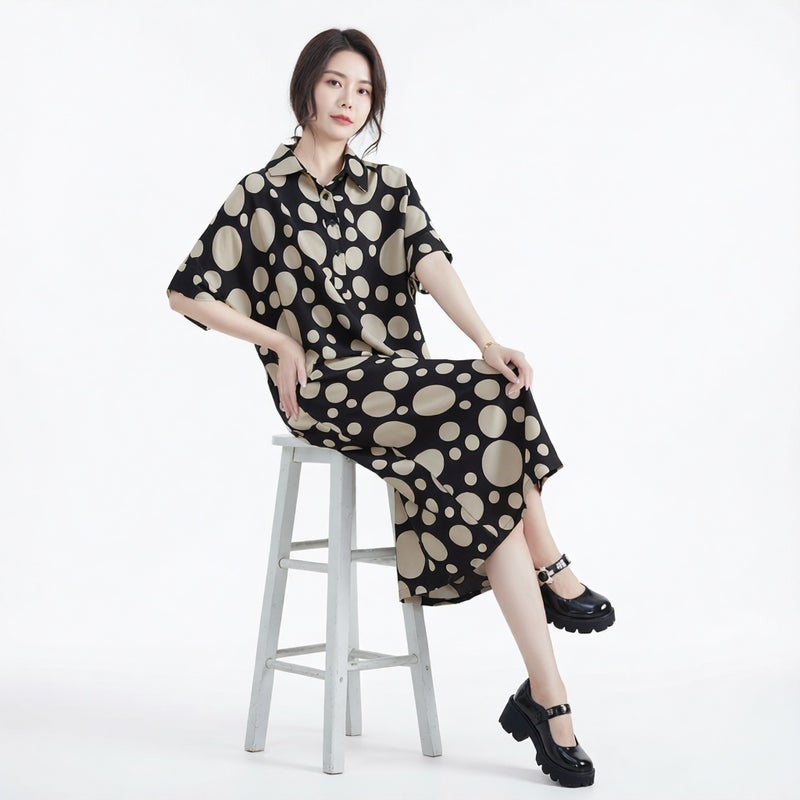 Women's Polka Dot Print Short Sleeve Loose Long Dress - Image 3