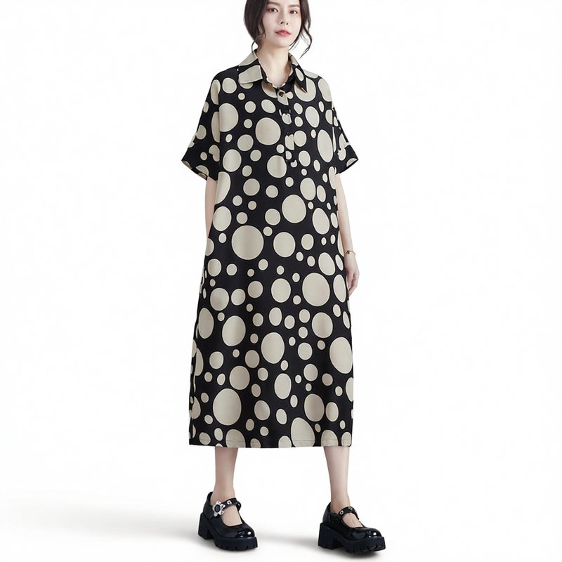 Women's Polka Dot Print Short Sleeve Loose Long Dress - Image 2
