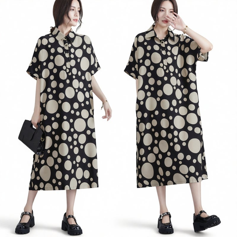Women's Polka Dot Print Short Sleeve Loose Long Dress - Image 1