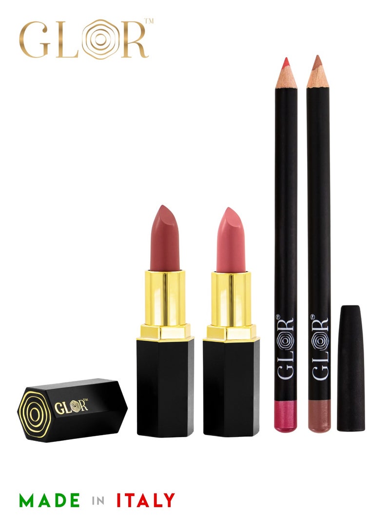 غلور  أحمر شفاه غلور إندليس تشارم - لون كثيف يدوم طويلاً، رطوبة فاخرة، تركيبة كريمية للغاية لشفاه جميلة - فويلا + وردة هامسة وقلم تحديد شفاه غلور إندليس تشارم فائق الدقة - نباتي، خالي من مسببات الحساسية، تحديد شفاه يدوم طويلاً - كافيه + ليدي وَردَة - Image 1