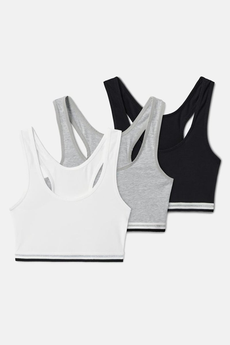 Tchibo Kid Girls 3 Pcs Plain Bustier Sports Crop Top, White and Grey and Black - Image 1