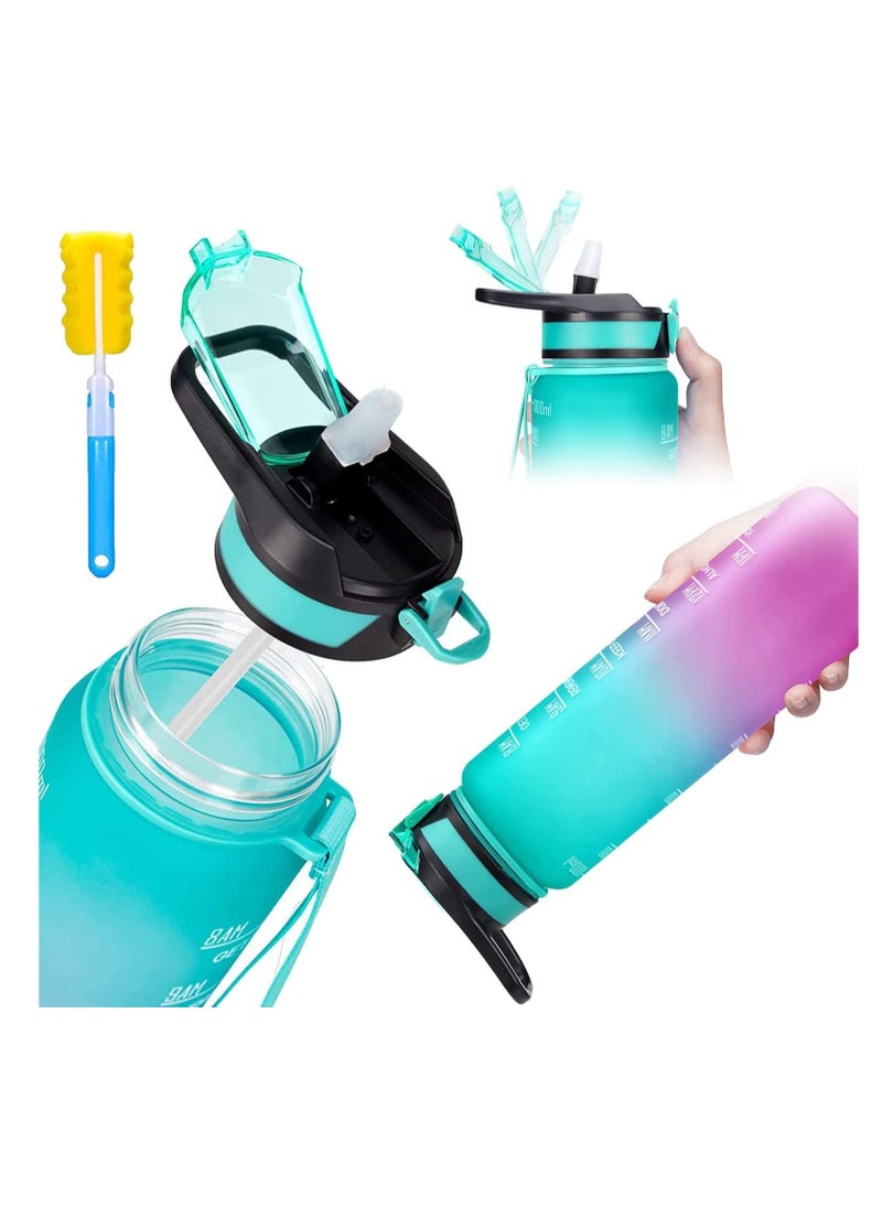 TYCOM Water Bottle 1L Gym Bottle Sport Bottle Motivational Sports Bottle with Time Marker Leakproof Drinking Sport Gym Water Bottles for Fitness Gym Outdoor Handle Straw Blue Purple  - Image 1