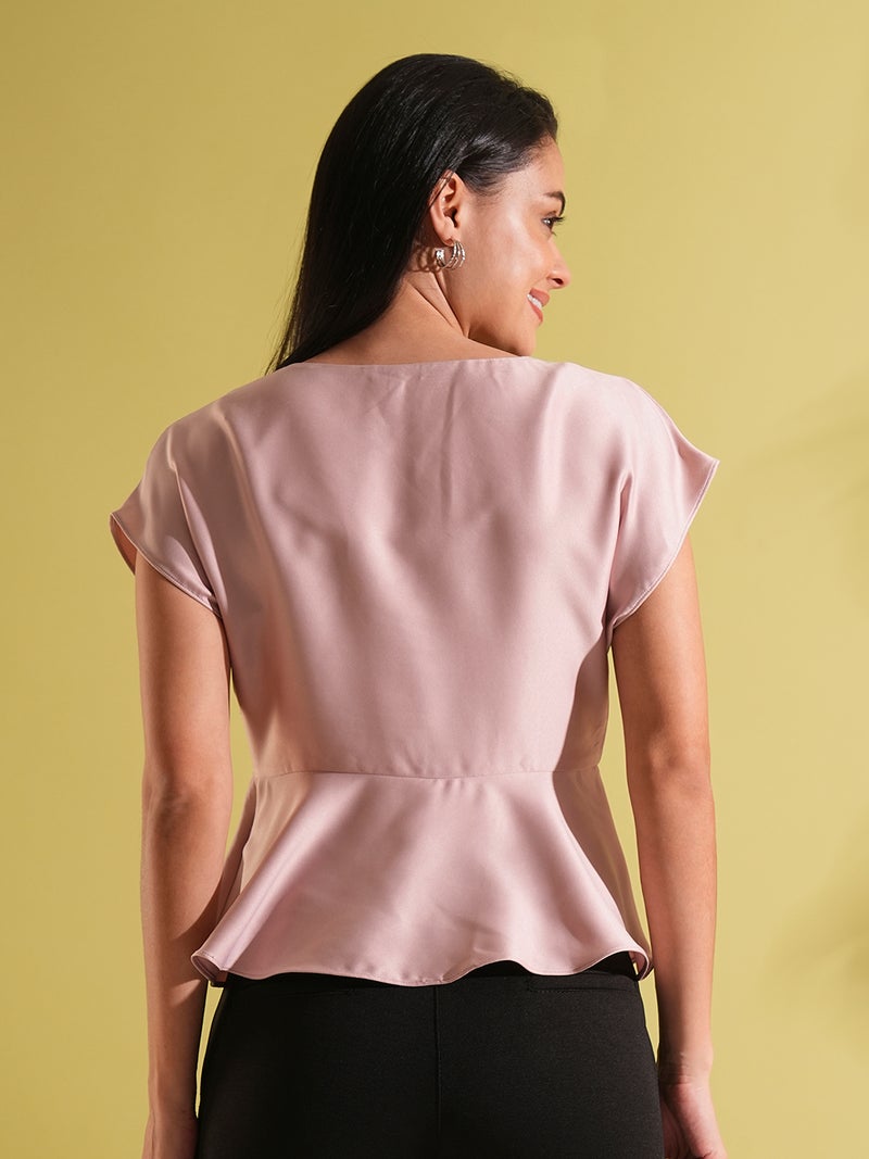 globus Globus Women Satin Round Neck Extended Sleeves Peplum Work Wear Top - Image 3