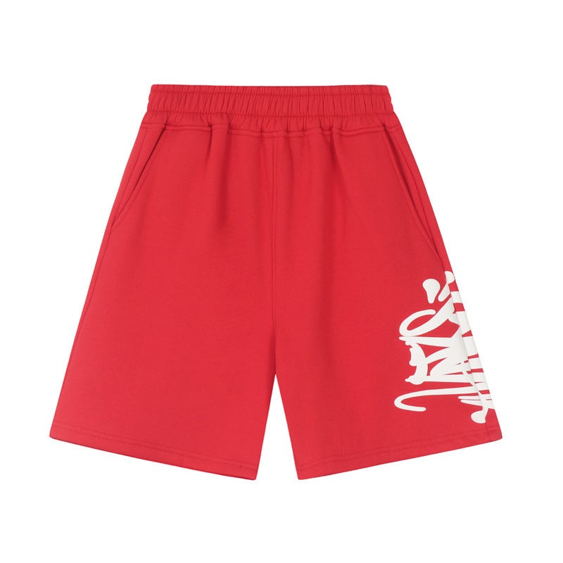 SynaWord American Loose Sweater Hoodie Sweater Trousers Syna Mens and Womens Fashion Brand Hip Hop Street Couple Casual suit Plush red and white shorts