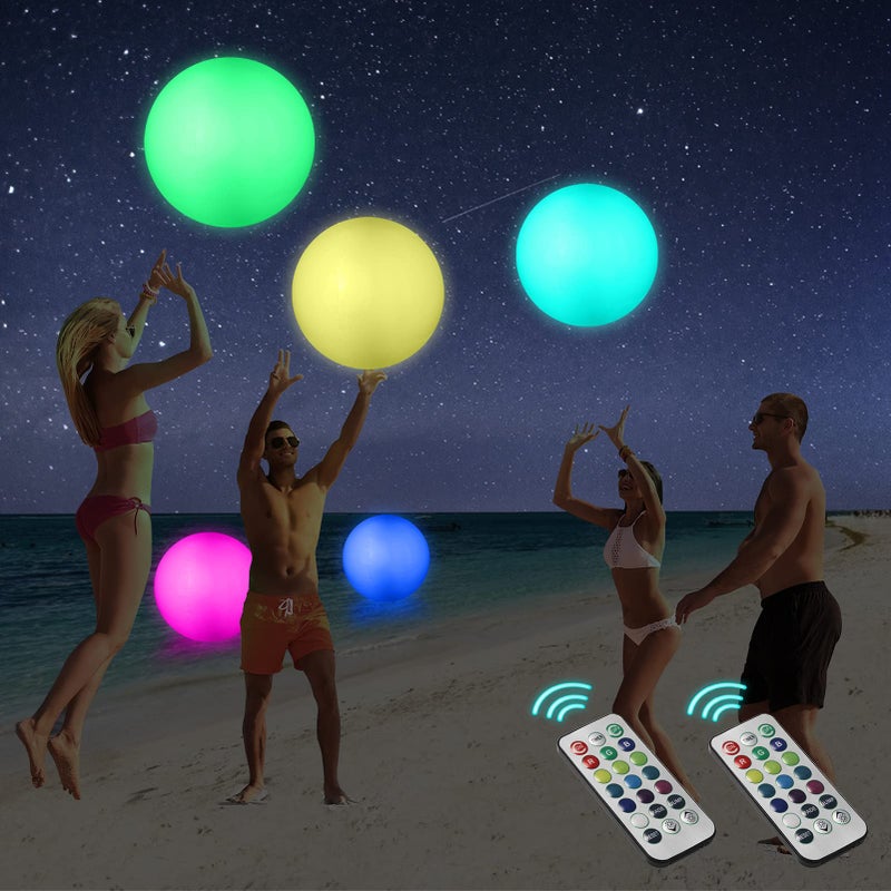 Icnice LED Beach Balls Glow in Dark Party Supplies 2pcs Inflatable Light up Ballon 16 Floating Pool Light with Remote 16 Color 4 Mode Beach Game Pool Toy Kickball for Neon Party Decoration4 Lights - Image 2