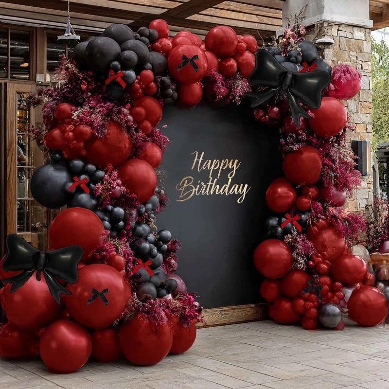 feilebalon Dark Red Black Balloon Arch Kit with Bow Double Stuffed Burgundy Black Red Maroon Balloon Garland for Birthday Baby Shower Anniversary Wedding Graduation Valentines Day Party Decoration - Image 3