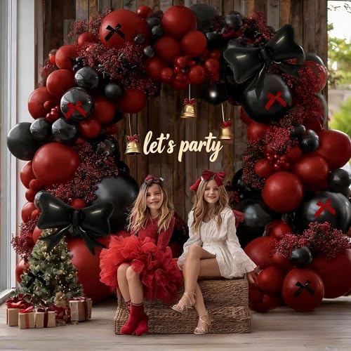 feilebalon Dark Red Black Balloon Arch Kit with Bow Double Stuffed Burgundy Black Red Maroon Balloon Garland for Birthday Baby Shower Anniversary Wedding Graduation Valentines Day Party Decoration - Image 5
