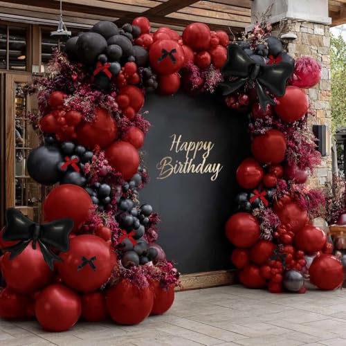 feilebalon Dark Red Black Balloon Arch Kit with Bow Double Stuffed Burgundy Black Red Maroon Balloon Garland for Birthday Baby Shower Anniversary Wedding Graduation Valentines Day Party Decoration - Image 1
